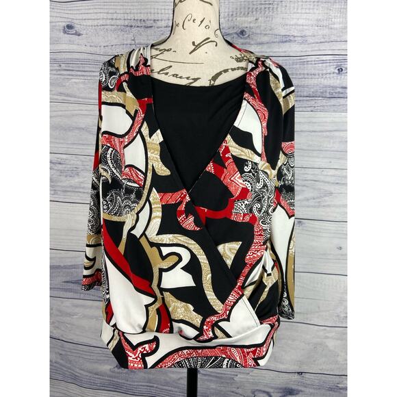 Chicos 1 Dual Layer Wrap Blouse Womens M 3/4 V Neck Sleeves Multicolor - Picture 2 of 10